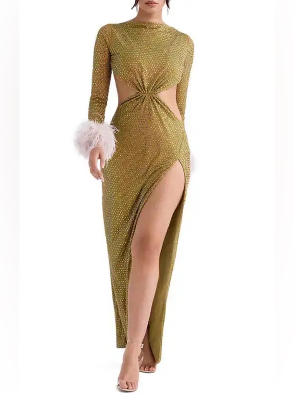 House of CB Gina Rhinestone Feather-Trim Cocktail Maxi Dress